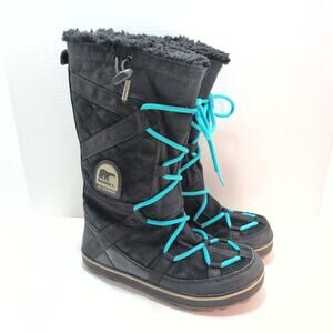 SOREL Glacy Explorer Women's 8 Waterproof Winter Fur Snow Boots Black/Blue Laces